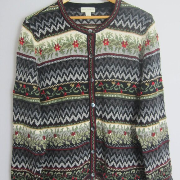 Appleseeds Womens Large Black Ivory Red Embroidered Floral Ramie Silk Cardigan - Picture 1 of 13